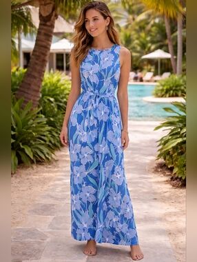 J. McLaughlin Charlene Maxi Dress Pacific Pansy Blue Floral Size XL
